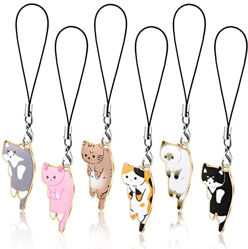 Yinkin 6 Pcs Cat Phone Charm Kawaii Cell Phone Charms Cute Hanging Cat Strap Aesthetic Animal Hanging Chain Accessories for Decoration, Backpack, Wallet, Keychain Pendant
