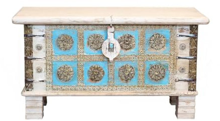 Oriental Galerie Shabby Chic Holztruhe mit Messingbeschlag Schatztruhe Truhe Kiste Box Holz Indien Massiv Antik-Optik Weiß Türkis 80cm
