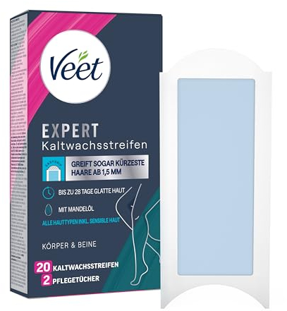 Veet Expert - Strisce di cera fredda per corpo e gambe – Strisce di cera per la depilazione per tutti i tipi di pelle, con pelle sensibile, 10 strisce doppie = 20 strisce