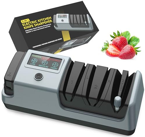 YOORLEAY Affilacoltelli elettrico 5 in 1, 3 velocità di rotazione, affilacoltelli elettrico regolabile, adatto per coltelli a lama dritta, coltelli dentati, coltelli da tritare e forbici