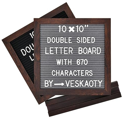 Doppelseitiges Filz-Briefbrett mit 670 Buchstaben, Zahlen und Symbolen – 25,4 x 25,4 cm wechselbares Nachrichtenbrett mit Holzrahmen, verbessertes Holzsortiertablett, (schwarz & grau und Holzrahmen)