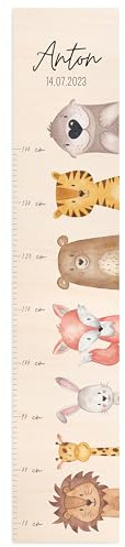 wunderwunsch® - Personalisierte Messlatte Kind Holz zum Kleben oder Aufhängen - Skala 70-140cm - Süße Dekoration für Baby- & Kleinkinderzimmer (Tiere nebeneinander)
