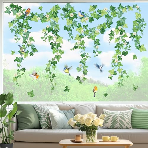 decalmile Hanging Green Vine Double Sided Window Clings Spring Ivy Leaves Flower Birds Window Decals Anti-Collision Glass Window Doors Window Stickers