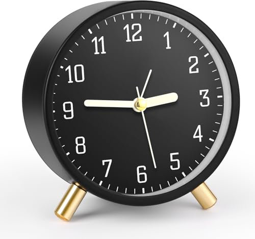 Gerbala Sveglia analogica classica senza ticchettio con funzione snooze, super silenziosa, con luce notturna, funzionamento a batteria, alla moda rotonda in metallo (nero)