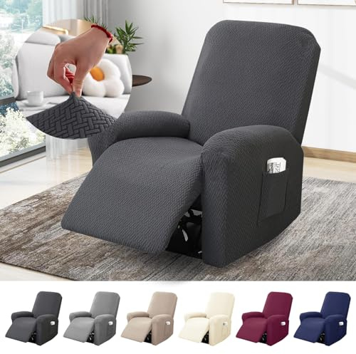 BOYIFEIJIE Funda elástica para sillón de 1 plaza, con bolsillos, todo incluido, a rayas, jacquard, para TV, sillón relax, color gris oscuro, 4 piezas