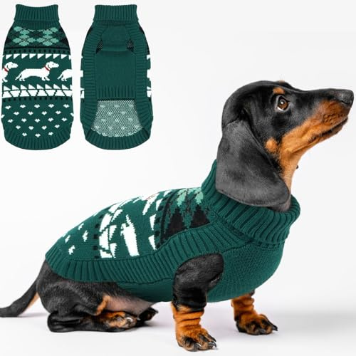 Lelepet Dog Jumper for Dachshund, Knitted Jumper with Dachshund Pattern, Warm Dog Sweater, Turtleneck Winter Pullover for Small Dogs, Green S