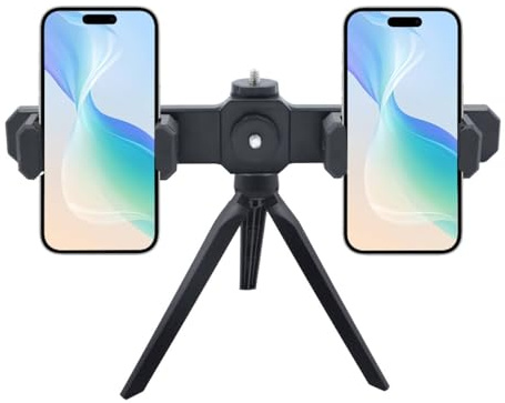 Trépied Téléphone Portable avec Double Support pour Téléphone, Mini Trépied 20 cm,Pince de Téléphone pour 2 Smartphones (60–85 mm) Rotative, Raccord 1/4 – Idéal pour Vlog Réunions en Ligne Voyage