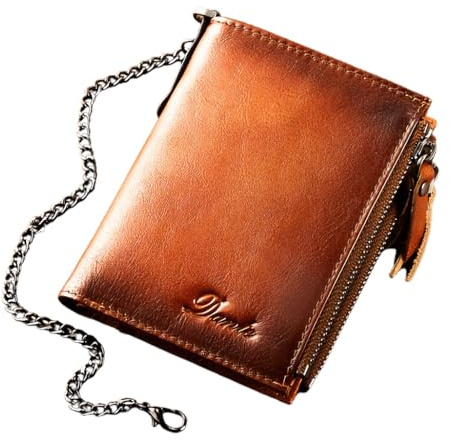 Wallet with Chain for Men Women Genuine Leather RFID Blocking Bi-Fold Wallet with Chain, Zip Coin Pocket, Credit Card Holder, Transparent ID Window for Driver License Biker Punk Hip Hop Style (Brown)