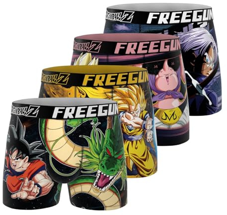 FREEGUN Boxer Caleçon Homme Dragon Ball Z, Lot de 4 | Homme, Coupe Ajustée, Imprimés originaux, Sport, Ultra-doux, Respirant, Tissu extensible, Doublure 100% Coton, Ceinture Large