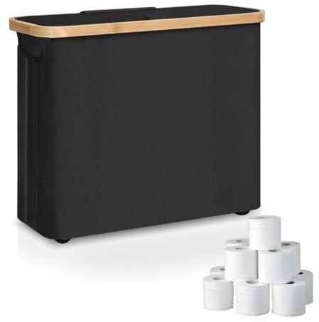 Cesta Papel Higienico, Organizador de Papel Higiénico, Organizador Papel Higienico con Tapa y Ventana, Cesta para Papel Higienico de Baño, Almacenamiento de Papel Higiénico para 8-12 Rollos (Negro)
