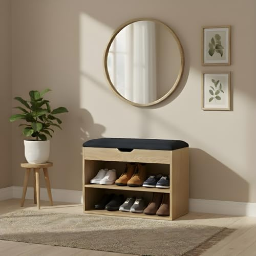 EDAXO BOXIMO Armoire à chaussures avec banc, 60 x 30 x 47 cm, housse en MDF et polyester, banc de couloir avec espace de rangement, rangement de chaussures pour entrée, marron