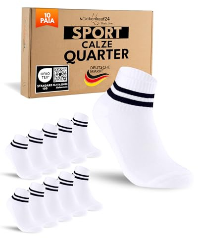 sockenkauf24 10 Paia Calze Sportive Uomo Donna Calzini Tennis Corte Quarter Sport Socks Spugna Rinforzati Bianche Strisce 39-42
