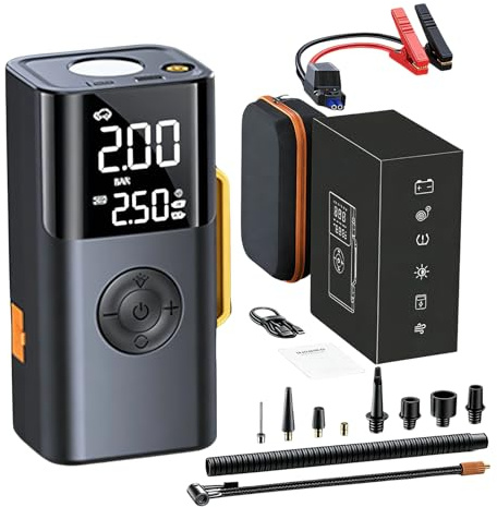 Ayuda de arranque Med - Motor de arranque recargable de 10000 MAh, combinación de compresor de aire portátil, banco de energía y murciélago, bomba de aire potente, para viajes por carretera, camping