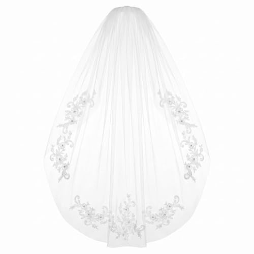 PLUSHCEWT 90x150cm Single Layer Lace Edge Veil with Comb, Sparkling Crystal Wedding Veil for Bride, Extra Wide Bridal Veil for Ceremony, Photography, Hen Party, Wedding, Bridal, Vintage Style