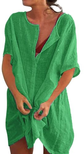 Camisas Mujer Largos Vestido Playa Verano Camisa Suelta de Bikini Cover Up Traje para Mujer Vestido de Playa Casual Blusa Playeras Suelto Pareos Color Sólido