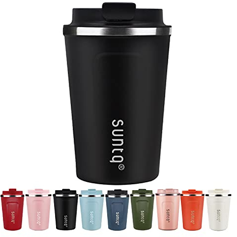 SUNTQ - Tazza per caffè da asporto, in acciaio inox, a prova di perdite, con coperchio, riutilizzabile, tazza termica da usare in viaggio, colore nero, 380 ml