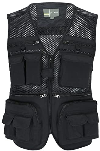 OlyljpinZ fiskeväst för män med flera fickor sommar utomhus nätväst fotografi resor vandring väst jacka, Svart, L