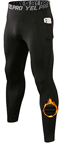 Yuerlian Mens Thermal Leggings Running Gym Base Layer Tights with Pocket | Keep Warm,Fleece,Compression Pants,Slim Fitted,Sports for Winter,Athletic,Workout,Ski,Hiking,Training,Exercise,Cycling