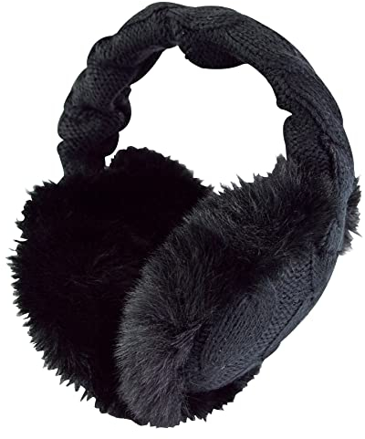 HEAT HOLDERS - Ladies Winter Warm Knitted Ear Muffs | Faux Fur | Cold Weather (One Size, Black)