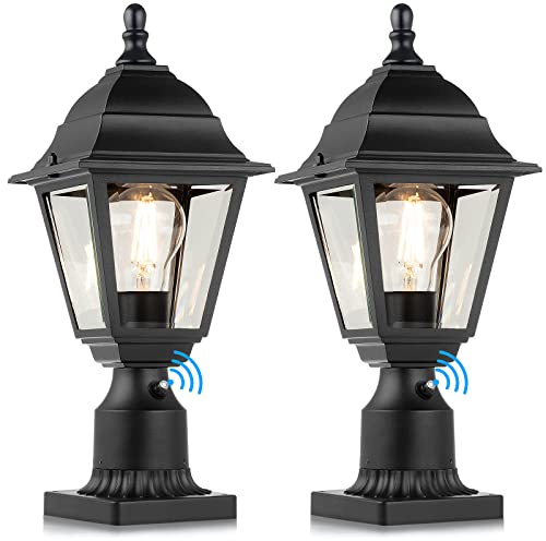 FOLKSMATE Dusk to Dawn Outdoor Post Lights, 2-Pack Waterproof Outside Post Lamps with Pier Mount, Exterior Pole Lantern with Clear Glass, Matte Black Light Fixture for Patio, Garden, Walkway