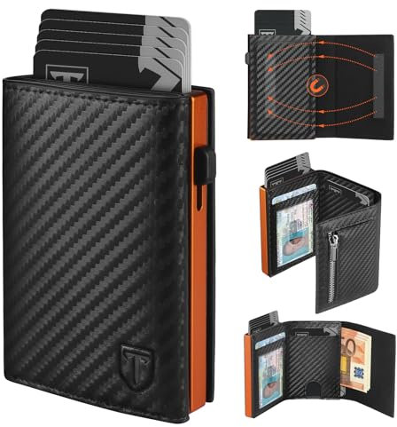TEEHON Geldbörse Herren mit RFID-Schutz –Kohlefaserleder Portmonee Herren, 8 Kartenetui, ID-Fenster, Münztasche, Geldscheinfach mit Geschenkbox, Schwarz Orange