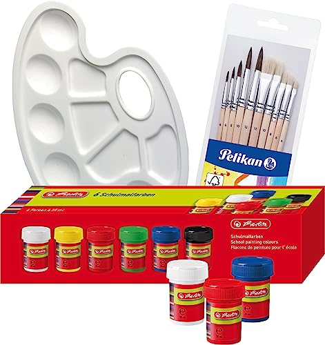 Herlitz 8643025 Schulmalfarben-Set, 6 Farben a 25 ml, Mischpalette und Pelikan 10er Pinsel Set
