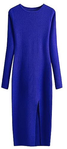 Stickad klänning för damer, långärmade eleganta vinterklänningar, rund hals, figurnära klänning, lång, ribbstickad klänning, stickade klänningar, sidoslit, figurnära klänning, hög elasticitet,