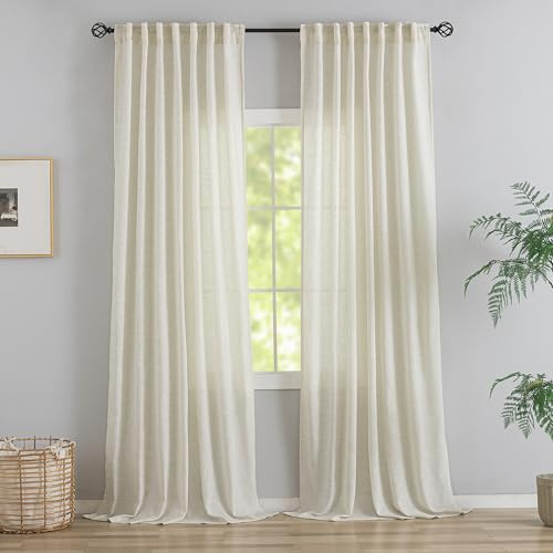 132 Inch Length Linen Curtains for High Ceiling Villa Living Room,2 Panels Set Hanging Back Tab Hooks Pleated Privacy Semi Sheer 11FT Extra Long Vintage Curtain Drapes for Hote,Cream Ivory/Light Beige