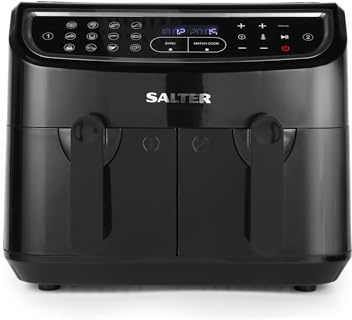 Salter Dual Air Fryer - Double Drawer, 2 XL Non-Stick Cooking Trays, Sync & Match Cook Function, Independent Cooking, 8.2L, Sensor Touch Display, 12 Presets, Oil Free, 2200W-2600W, Black
