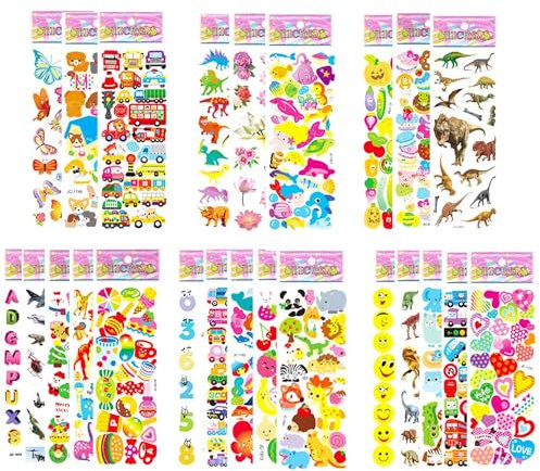FNGEEN Puffy Stickers for Kids Toddlers, Small Children Sticker Pack, 24 Sheets 3D Sticker Bulk, Mini Party Favor Party Bag Filler Kid Boy Girl (Dinosaur Car Animal Dog Flower Heart Number Food Truck)