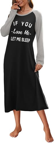 Ekouaer Long Sleeve Nightdress Womens Nightwear Nighties Nighties Wram Nightgown Loose Casual Soft Nightshirts Lightweight Lounge Nightwear, Black, M