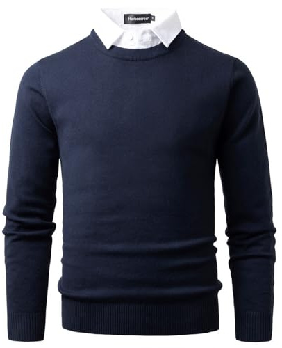 Harbrosrce Men's Crew Neck Jumpers Knitted Sweater with Mock Shirt Neck Casual Business Knitwear Pullover Solid Color Navy Blue