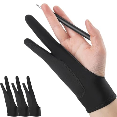 3 guantes de dibujo de artista para tableta de dibujo, guante de arte de dos dedos, 90% material reciclado, ecológico, guante de artista negro adecuado para mano derecha e izquierda para lápiz