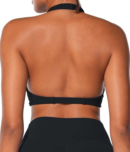Sunzel Women's Halter Neck Sports Bra, Twist Front Yoga Crop Top with Removable Pads, Double Lined for Gym Workout or Lounge Black Medium
