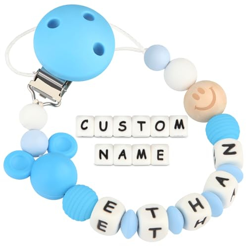 Kowlone Cadenas Chupetes Personalizado para Bebé con Nombre Silicona Ratón Chupetero Niño Chicas(Azul)