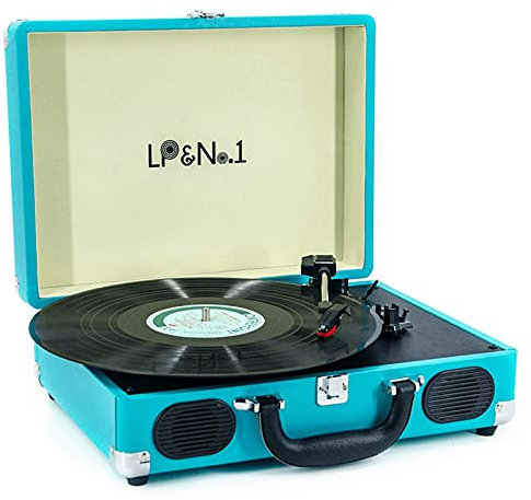 IUBGFTO Giradischi Vintage a 3 velocità Bluetooth, Giradischi Portatile a Valigia, Giradischi con Supporto per la Riproduzione di Dischi in Vinile da 7/10/12 Pollici, Jack per Cuffie, Nero (Blu B)