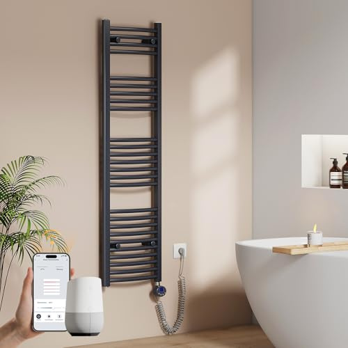 EMKE WiFi Badheizkörper Elektrisch 1400x400 mm - Gebogen Handtuchheizkörper Elektrisch, Elektrischer Handtuchwärmer mit Thermostat und Heizstab - 500W, Anthrazit