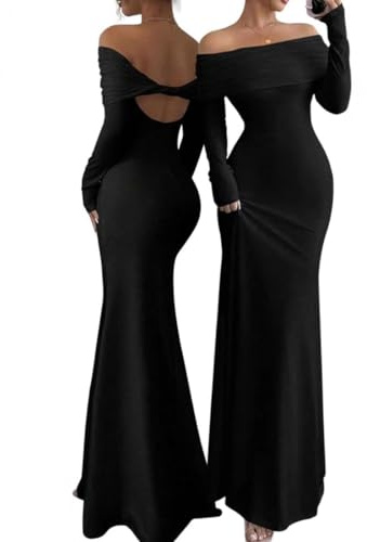 JYIXXZX Vestido de Fiesta Mujer Sexy Maxi Vestidos Hombros Descubierto Manga Larga Vestidos Largo Elegante Bodycon Dress sin Espalda Ajustado Fruncido Vestido para Cóctel Invitada Noche Club