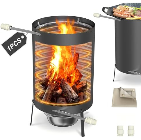 YRHome 1 poolvärmare i rostfritt stål, eldtunna med värmespiral, Ø 32/Ø 38 mm, 2 i 1-anslutning, ved-uppvärmning, med brandskyddsmatta och reficka, uppsamlingsbricka, 28 l innehåll
