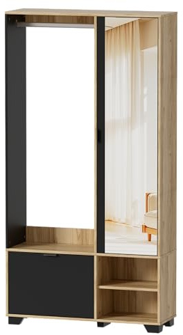 MSFE Guardaroba da Ingresso con 144cm specchio,Guardarobas Compatto con Asta Appendiabiti, Scarpiera e Scomparti, Set guardaroba, Mobile Ingresso con specchio,100Lx33Wx190H cm