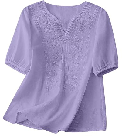 Camisas Mujer Verano 2026,Blusa de Lino Bordado Floral, Manga Corta y Cuello V Redondo, Ropa Informal Talla Grande,Camiseta Bohemia para Mujer, Estilo Hippie Chic,Ideal para Playa y Vacaciones