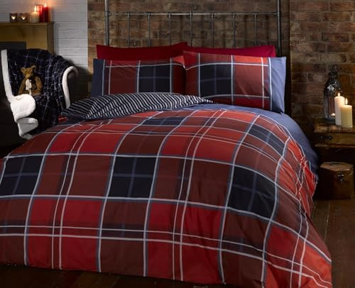 Argyle Parure de lit réversible avec Housse de Couette et taie d'oreiller Motif Tartan Rouge