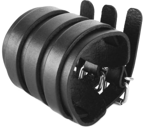HZMAN Mens Leather Wide Triple Straps Wrap Gauntlet Wristband Bracelet Buckle Fastening Arm Armor Cuff Bracelet (Black)