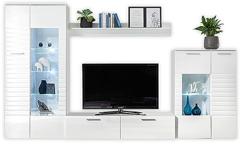 Stella Trading New Long Wohnwand Komplett-Set in Weiß - Moderne Schrankwand mit LED-Beleuchtung für Ihr Wohnzimmer - 320 x 194 x 44 cm (B/H/T)