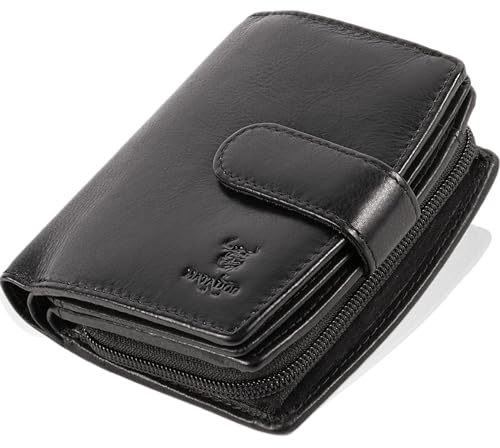 MATADOR Portemonnaie Damen Schwarz Leder #Valencia mit edler Geschenkbox, Elegantes Portemonnaie Mittelgroß mit RFID Blocker, Luxus Geldbörse Damen Schwarz Viele Kartenfächer, Schwarz Nappa
