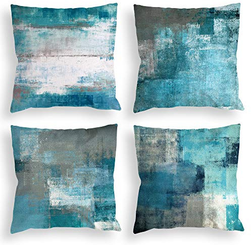 COLORPAPA Juego de 4 Fundas de cojín Decorativas de Color Verde Azulado de 18 x 18 Pulgadas, Color Turquesa y Gris, con Pintura artística Abstracta para sofá, Dormitorio, Sala de Estar