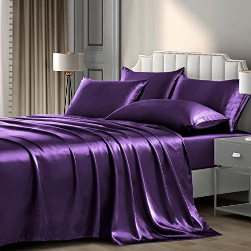 P Pothuiny Set di biancheria da letto in raso di lusso per letto king size, 6 pezzi, 1 lenzuolo con angoli profondi + 1 lenzuolo piano + 4 federe
