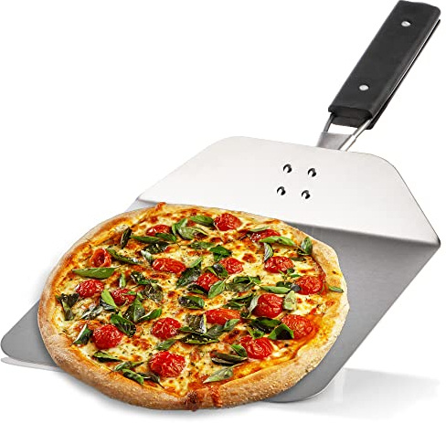 COM-FOUR® Pelle à pizza en acier inoxydable 430 - lève-pizza et gâteau avec manche en bois - pelle à pizza pour pizza, tarte flambée, petits pains et pain - poignée pliable (argent/noir - angulaire)