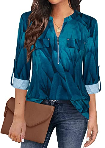 Siddhe Damen V-Ausschnitt Bluse Schicke Festliche Reißverschluss T-Shirt Oberteile 3/4 Ärmel Tunika Arbeit Hemd Longbluse A-Linie Tops Elegant Casual Business Shirt Langarmshirts Pfauenblau, XL