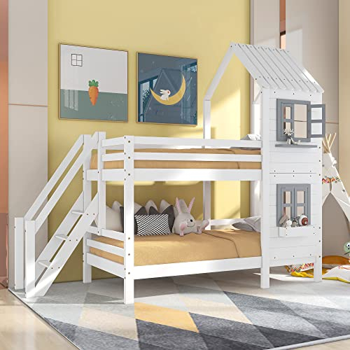 Azkoeesy Schönes Kinderbett Etagenbett 90x200 cm, mit 2 großen Fenstern und Dach, Hausbett, Jugendbett, für 2 Kinder, Kiefernholz, weiß
